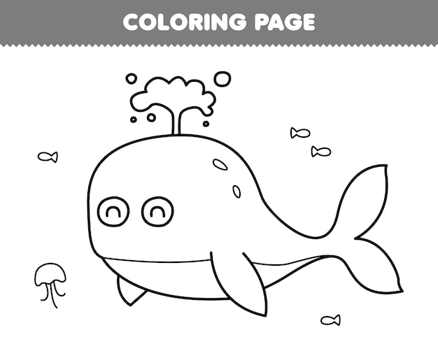 Education game for children coloring page of cute cartoon whale line art printable underwater worksheet