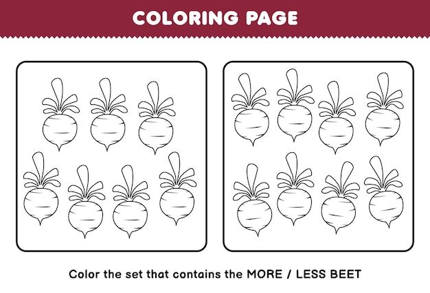 Gioco educativo per bambini da colorare pagina più o meno immagine di cartone animato barbabietola vegetale linea arte stampabile foglio di lavoro