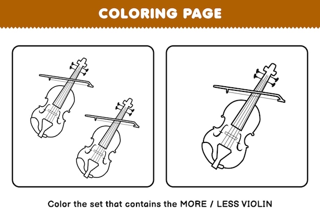 Education game for children coloring page more or less picture of cartoon music instrument violin line art set printable worksheet