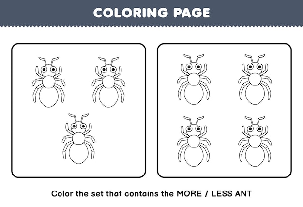 Education game for children coloring page more or less picture of cute cartoon ant line art set printable bug worksheet