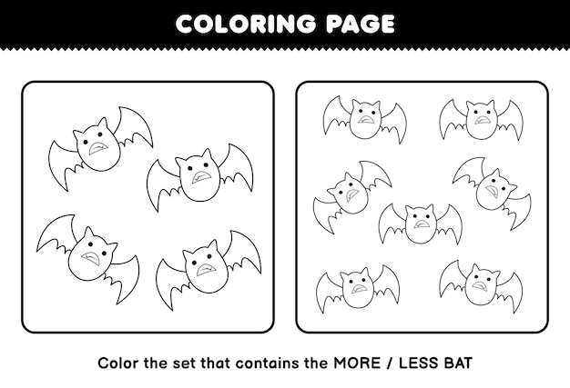 Education game for children coloring page more or less picture of cute cartoon bat line art set halloween printable worksheet