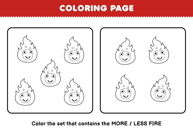 Education game for children coloring page more or less picture of cute cartoon fire line art set halloween printable worksheet