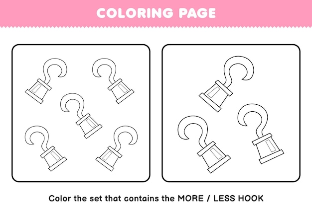 Education game for children coloring page more or less picture of cute cartoon hook line art set printable pirate worksheet