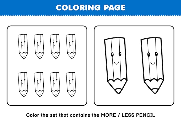 귀여운 만화 연필 라인 아트 세트 인쇄 가능한 도구 워크시트의 그림을 색칠하는 어린이를 위한 교육 게임
