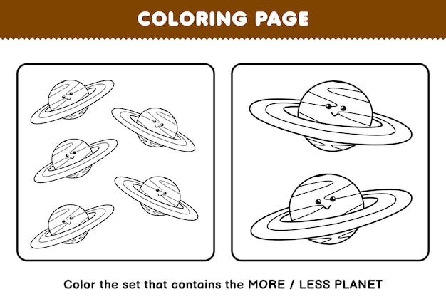 Gioco educativo per bambini da colorare pagina più o meno immagine di simpatico cartone animato pianeta linea arte set stampabile foglio di lavoro del sistema solare