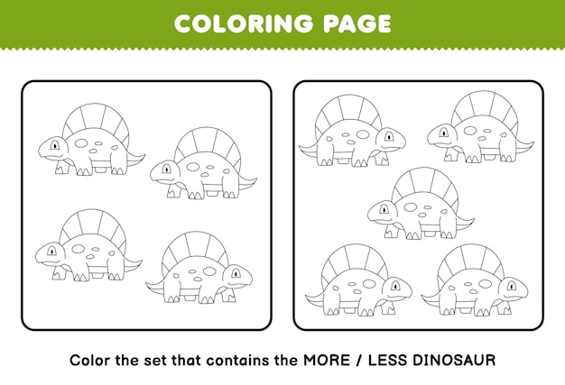 Education game for children coloring page more or less picture of cute cartoon prehistoric dinosaur dimetrodon line art set printable worksheet