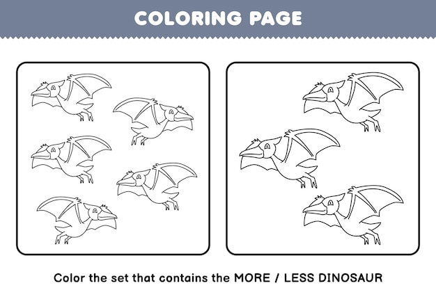 Gioco educativo per bambini da colorare pagina più o meno immagine di simpatico cartone animato dinosauro preistorico pteranodon line art set foglio di lavoro stampabile