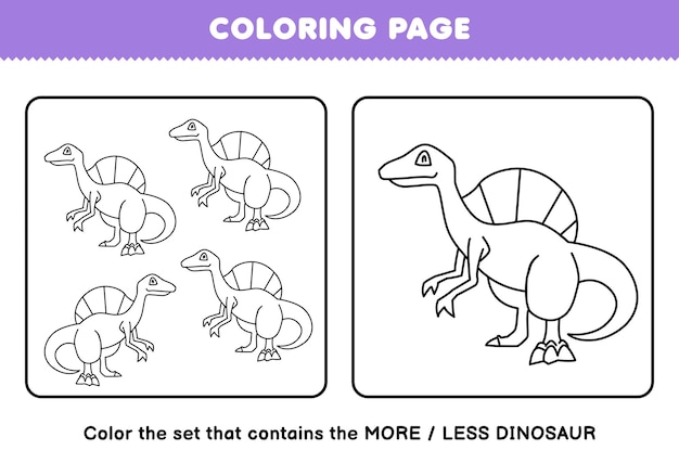 Education game for children coloring page more or less picture of cute cartoon prehistoric dinosaur spinosaurus line art set printable worksheet