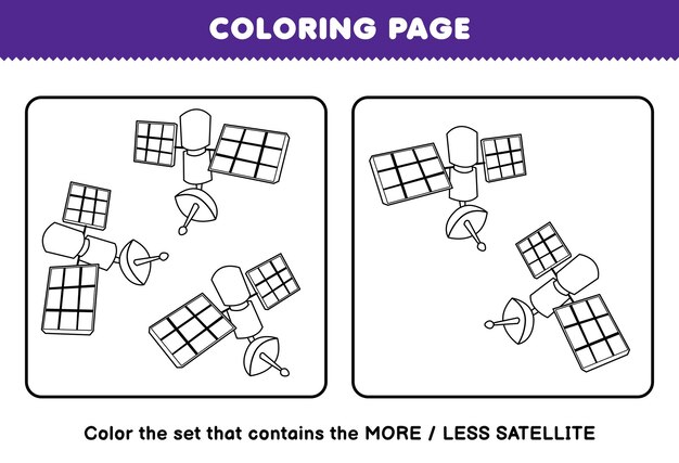 Gioco educativo per bambini da colorare pagina più o meno immagine di simpatico cartone animato satellitare linea arte set stampabile foglio di lavoro del sistema solare