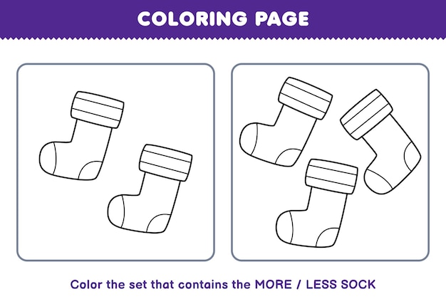 Education game for children coloring page more or less picture of cute cartoon sock line art set printable winter worksheet