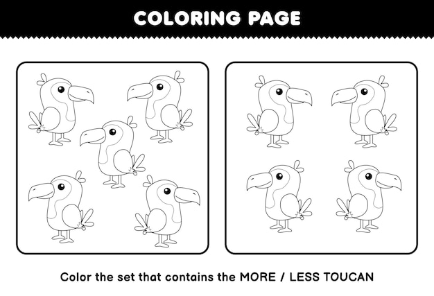 Education game for children coloring page more or less picture of cute cartoon toucan bird line art set printable worksheet