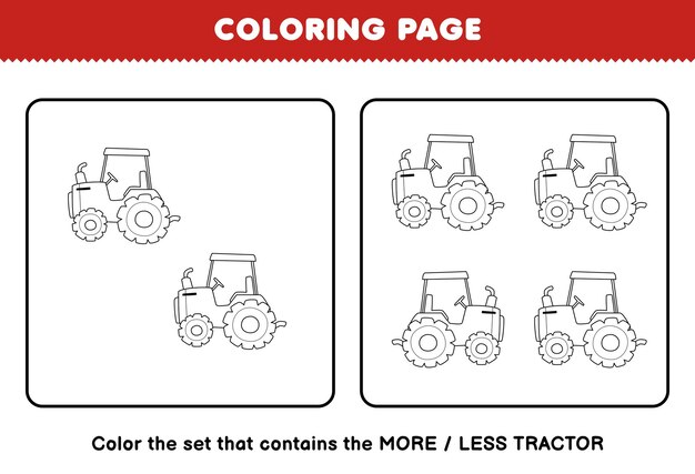 Gioco educativo per bambini da colorare pagina più o meno immagine di simpatico cartone animato trattore linea arte set stampabile foglio di lavoro fattoria