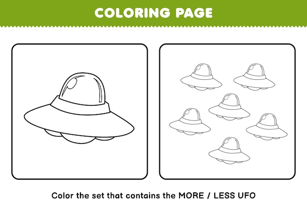 Gioco educativo per bambini da colorare pagina più o meno immagine di simpatico cartone animato ufo line art set stampabile foglio di lavoro del sistema solare
