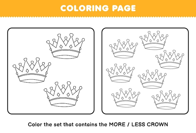 Education game for children coloring page more or less picture of cute cartoon wearable accessories crown line art set printable worksheet