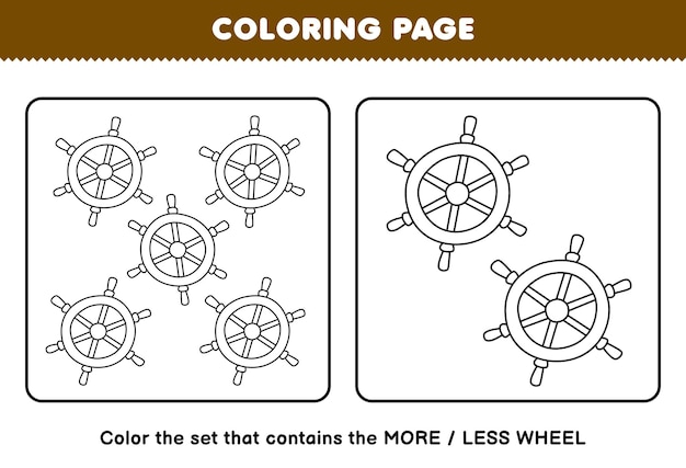 Gioco di educazione per bambini da colorare pagina più o meno immagine di simpatico cartone animato ruota line art set foglio di lavoro pirata stampabile