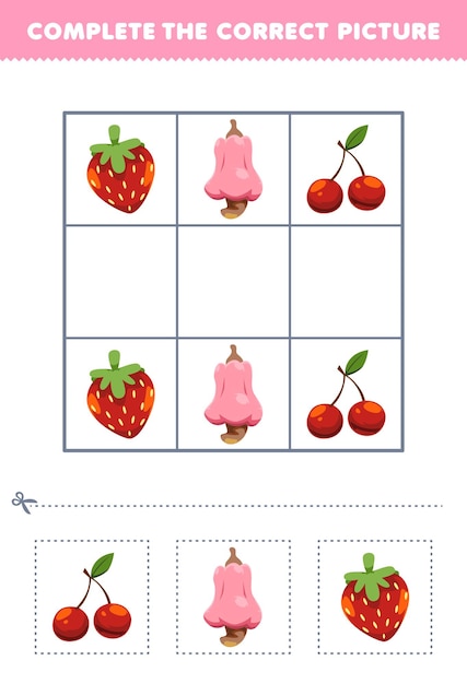 Education game for children complete the correct picture of a cute cartoon cherry cashew and strawberry printable fruit worksheet