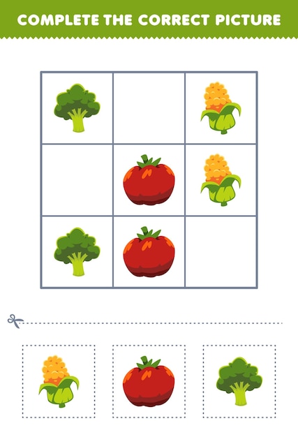 Education game for children complete the correct picture of a cute cartoon corn tomato and broccoli printable vegetable worksheet