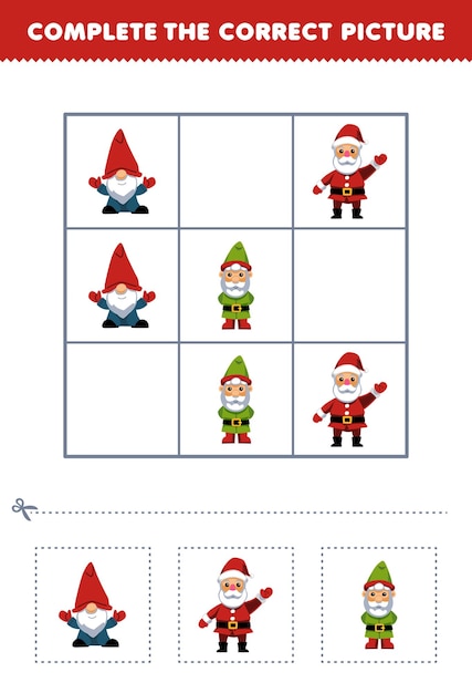 Education game for children complete the correct picture of a cute cartoon dwarf and santa printable winter worksheet