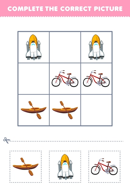 子供向けの教育ゲーム。かわいい漫画のカヤック宇宙船と自転車の印刷可能な輸送ワークシートの正しい絵を完成させます。