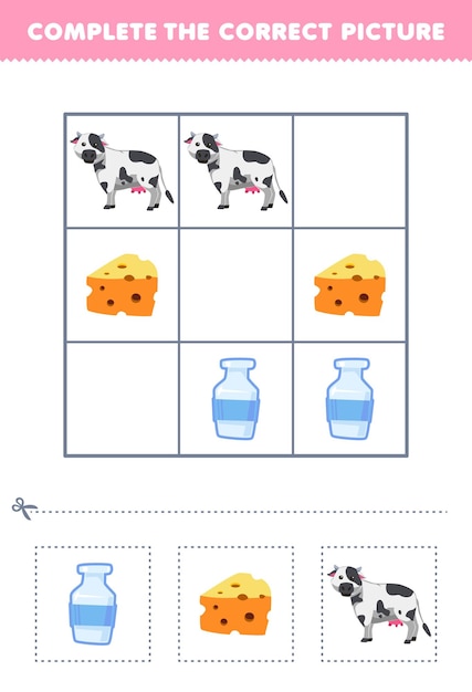 Education game for children complete the correct picture of a cute cartoon milk cheese and cow printable farm worksheet