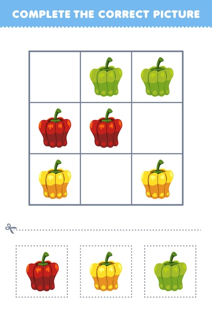 Education game for children complete the correct picture of a cute cartoon paprika printable vegetable worksheet