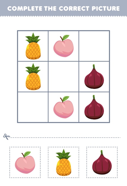 Education game for children complete the correct picture of a cute cartoon peach pineapple and fig printable fruit worksheet