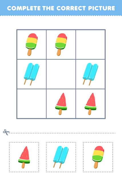 Education game for children complete the correct picture of a cute cartoon popsicle ice printable food worksheet