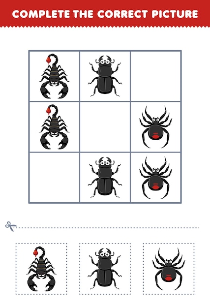 Education game for children complete the correct picture of a cute cartoon scorpion beetle and spider printable bug worksheet