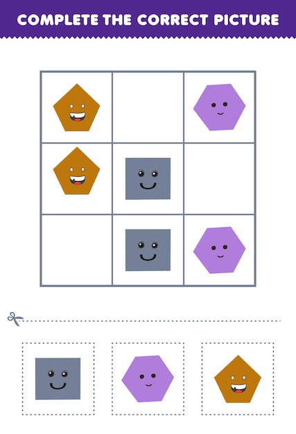 education game for children complete the correct picture of a cute cartoon square hexagon and pentagon printable shape worksheet