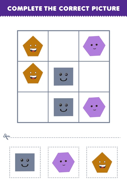 Education game for children complete the correct picture of a cute cartoon square hexagon and pentagon printable shape worksheet