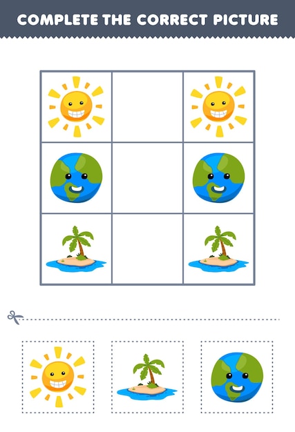 Education game for children complete the correct picture of a cute cartoon sun island and earth planet printable nature worksheet