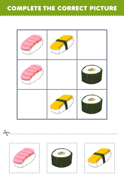 Education game for children complete the correct picture of a cute cartoon sushi printable japanese food worksheet