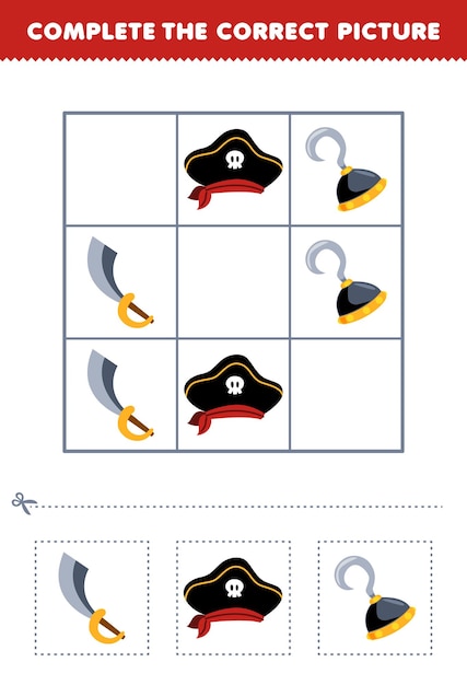 Education game for children complete the correct picture of a cute cartoon sword hat and hook printable pirate worksheet