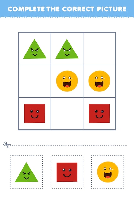 Education game for children complete the correct picture of a cute cartoon triangle square and circle printable shape worksheet