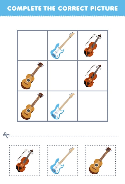 Education game for children complete the correct picture of a cute cartoon violin and guitar printable music instrument worksheet