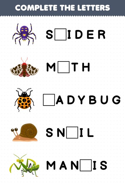 어린이를 위한 교육 게임은 귀여운 만화 거미 나방 무당벌레 달팽이 사마귀 인쇄용 버그 워크시트의 편지를 완성합니다.