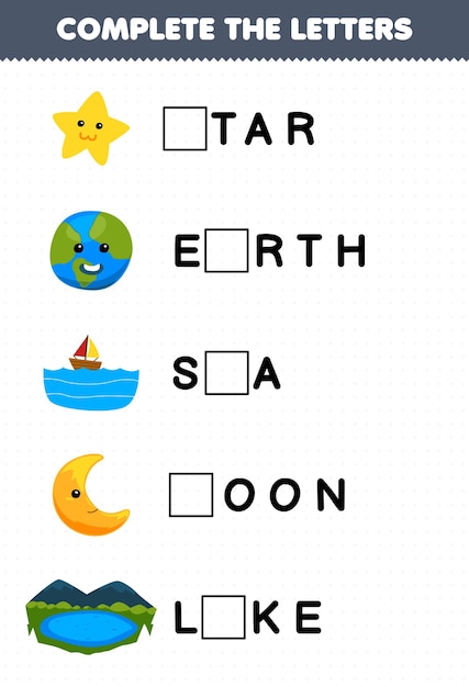 Education game for children complete the letters from cute cartoon star earth sea moon lake printable nature worksheet