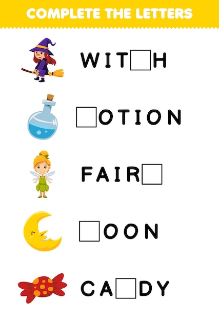 Образовательная игра для детей: заполните буквы из милого мультфильма, ведьма, зелье, фея, луна, конфеты, Хэллоуин, лист для печати