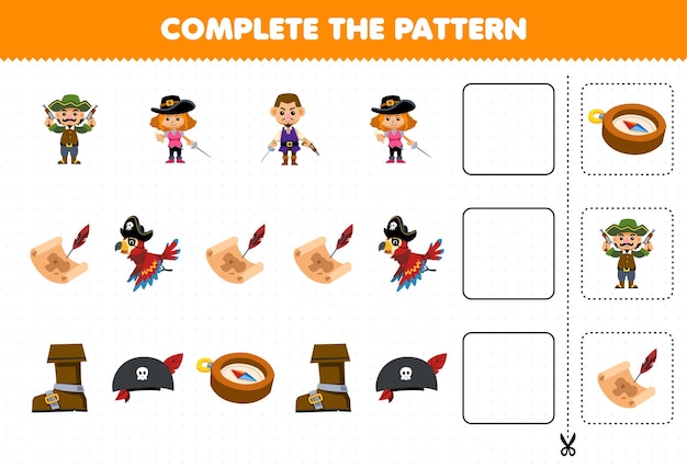 Education game for children complete the pattern of cute cartoon parrot treasure chest compass boot hat printable pirate worksheet