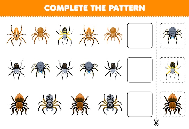 Education game for children complete the pattern of cute cartoon spider printable bug worksheet