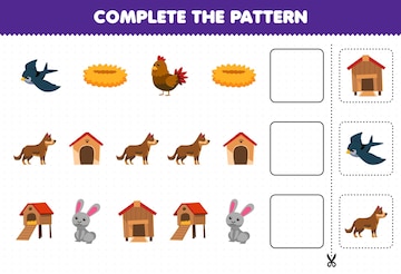 Premium Vector | Education game for children complete the pattern logical  thinking find the regularity and continue the row task with cartoon bird  nest chicken coop dog kennel rabbit hutch