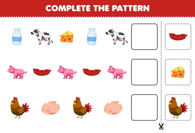 Education game for children complete the pattern logical thinking find the regularity and continue the row task with cartoon cow milk cheese pig sausage chicken meat