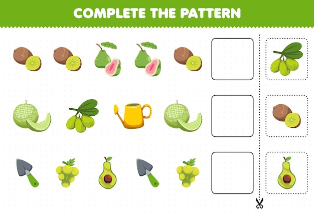 Education game for children complete the pattern logical thinking find the regularity and continue the row task with cartoon green fruits