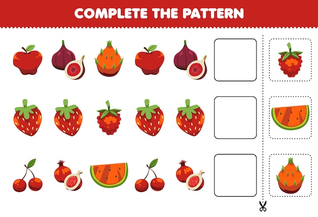 Education game for children complete the pattern logical thinking find the regularity and continue the row task with cartoon red fruits