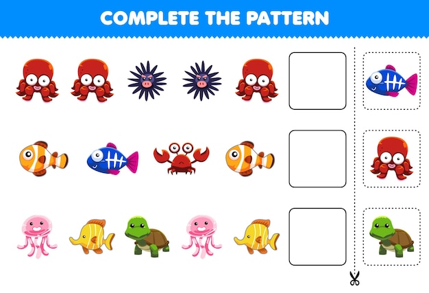 子供のための教育ゲームは、パターン論理的思考を完了し、規則性を見つけて、かわいい水中動物のキャラクターで列のタスクを続けます