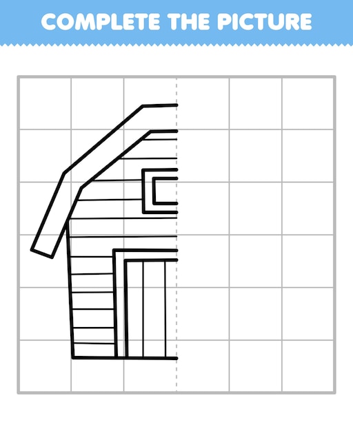 Il gioco educativo per bambini completa l'immagine del semicontorno della costruzione del fienile dei cartoni animati per disegnare un foglio di lavoro della fattoria stampabile