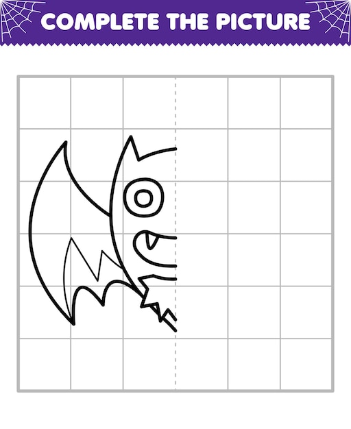 子供のための教育ゲームは、印刷可能なワークシートを描くためのかわいい漫画のハロウィーンのバットの半分の輪郭の絵を完成させます