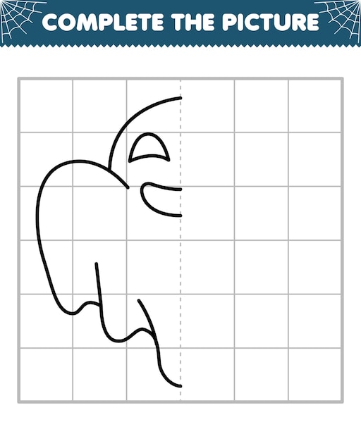子供のための教育ゲームは、印刷可能なワークシートを描くためのかわいい漫画のハロウィーンの幽霊の半分の輪郭の絵を完成させます