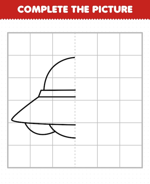 어린이를 위한 교육 게임은 그림을 그리기 위한 귀여운 만화 ufo 절반 개요를 완성합니다.