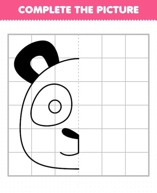 Education game for children complete the picture cute panda head half outline for drawing